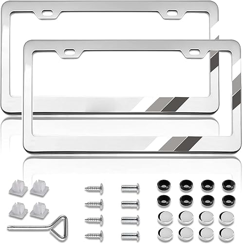 Paquete de 2 marcos para placa de matrícula de acero inoxidable tricolores con tapas de rosca, resistentes al óxido, resistentes a la intemperie,