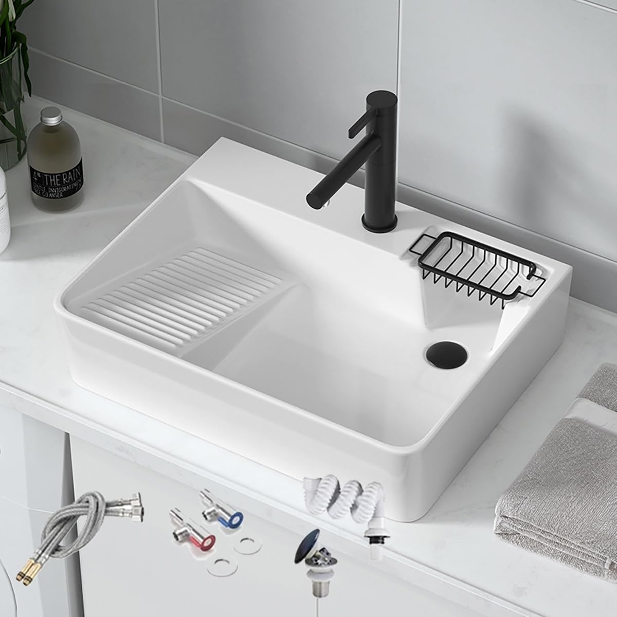 Fregadero de lavadero de baño Rectangular de cerámica, Bañera De Lavandería De Balcón con Tabla De Lavar, Grifo Y Desagüe Emergente(White,510x405x155mm)