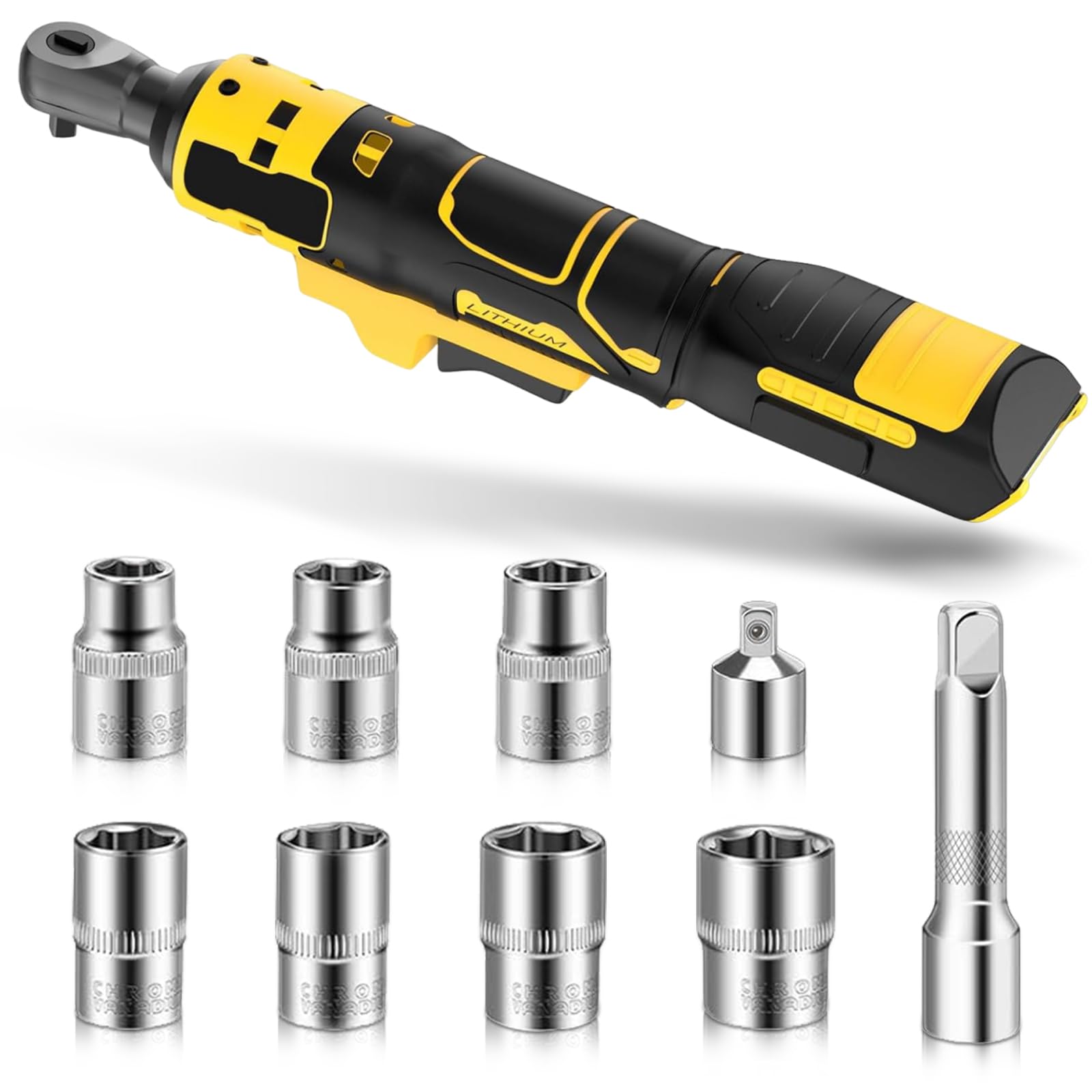 Cordless Ratchet for Dewalt 18V 20V Batteries, 3/8‘ Electric Ratchet Kit with 7 Sockets, 16cm Cordless Ratchet Kit, 1/4’ Adapter, Tool Only, Batteries Not Included
