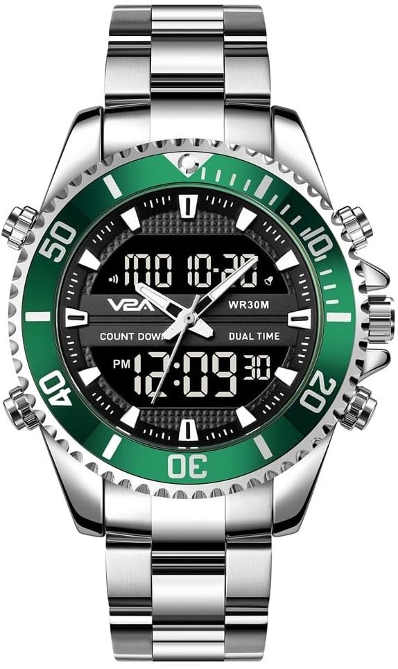 V2A Silver Green Stainless Steel Analog Digital Watch for Men Multifunction 3 ATM Waterproof Latest Men’s Watch | Gifts for Men | Gift for Husband | Birthday Gifts (B0CJ39X5GG) Amazon Price History, Amazon Price Tracker