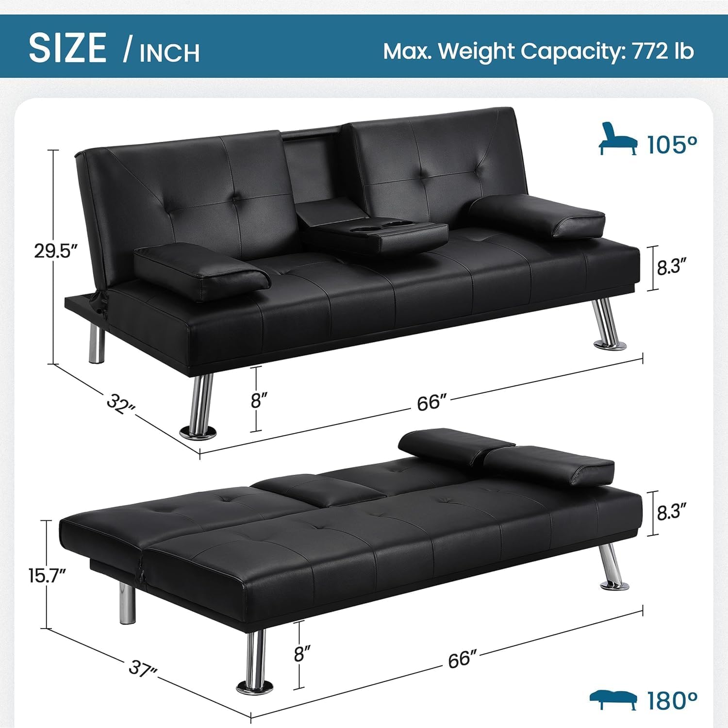 Futon Sofa Bed Metal Legs 2 Cupholders Removable Armrests Black Small Spaces