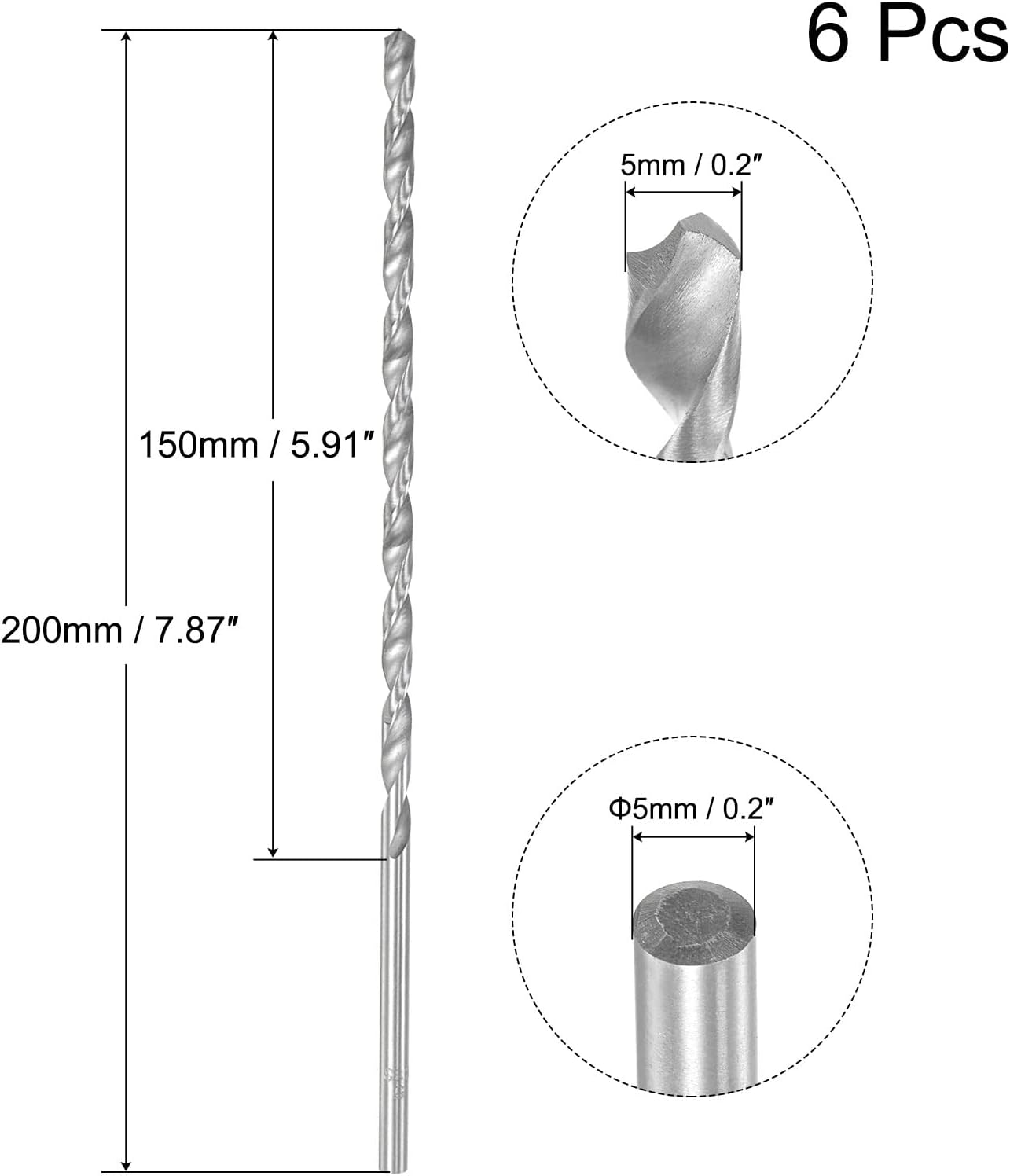 uxcell HSS(High Speed Steel) Extra Long Twist Drill Bits, 5mm Drill Diameter 200mm Length for Hardened Metal Woodwork Plastic Aluminum Alloy 6 Pcs