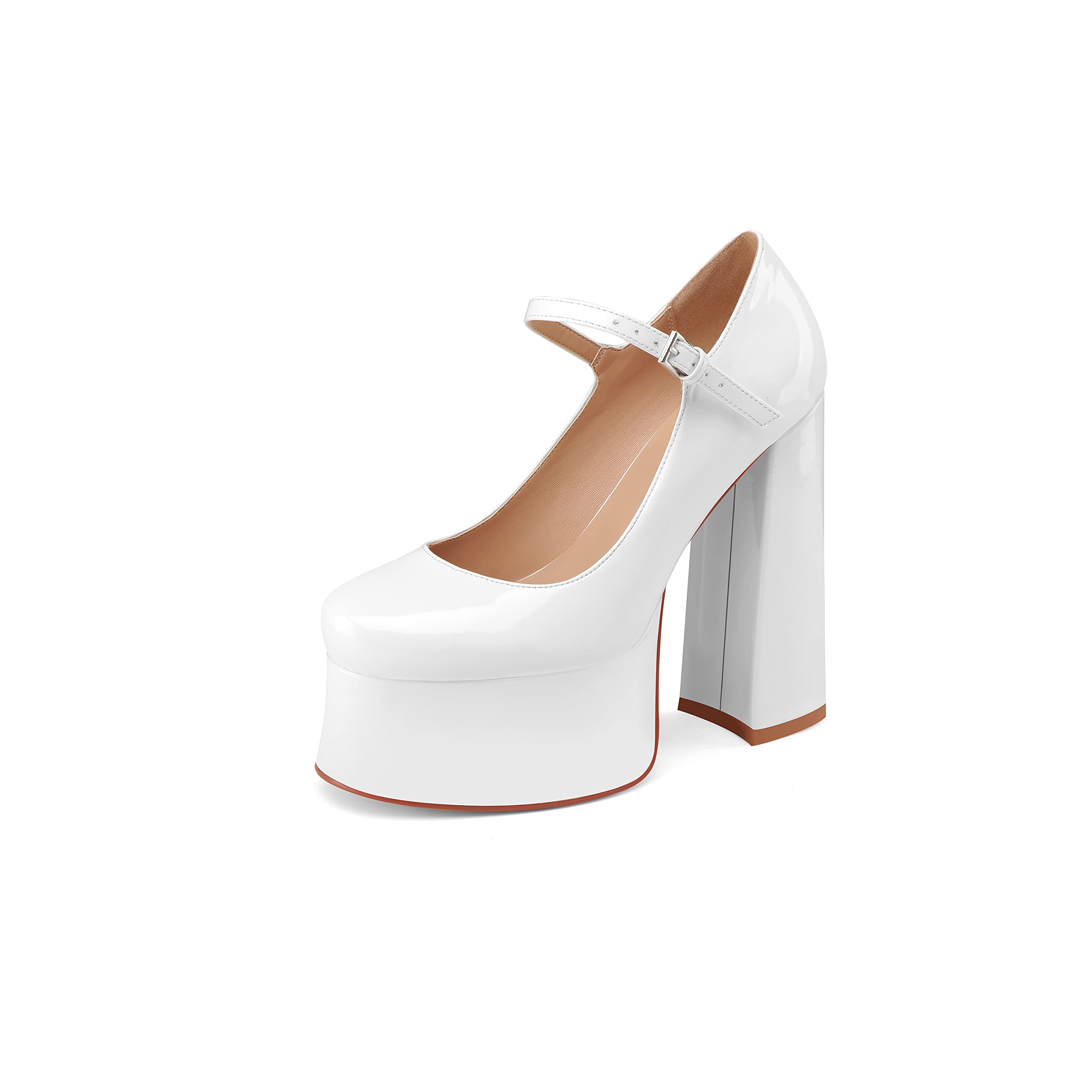 Perisis Women's Dressy Platform Chunky High Heels Patent Leather Ankle Strap Closed Toe Heeled Mary Jane Pumps Shoes