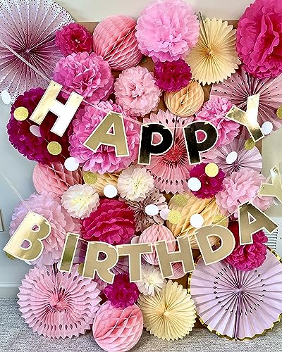 PapaKit Deluxe Origami Large Wall Decoration Set (Assorted Paper Fans & Pom-poms) Birthday Party Baby Shower Wedding Event Decor | Creative Art Design (Sparking Pink Rose Blush, Deluxe 26 Piece Set)