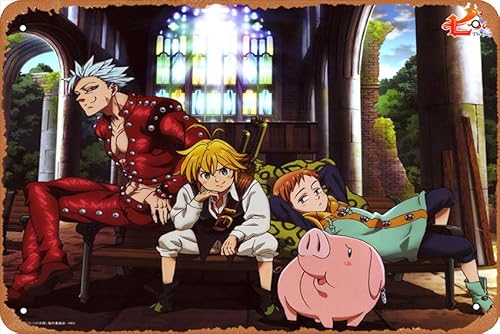 The Seven Deadly Sins, Meliodas (The Seven Deadly Sins), Ban (The Seven Deadly Sins), King (The Seven Deadly Sins), Hawk (The Seven Deadly Sins) Anime Poster Home Wall Art Decoration Retro Metal Tin
