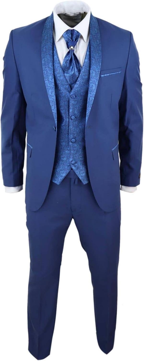 Mens 4 Piece Wedding Suit Groom Shawl Collar Vintage Blue Cravat Tailored Fit