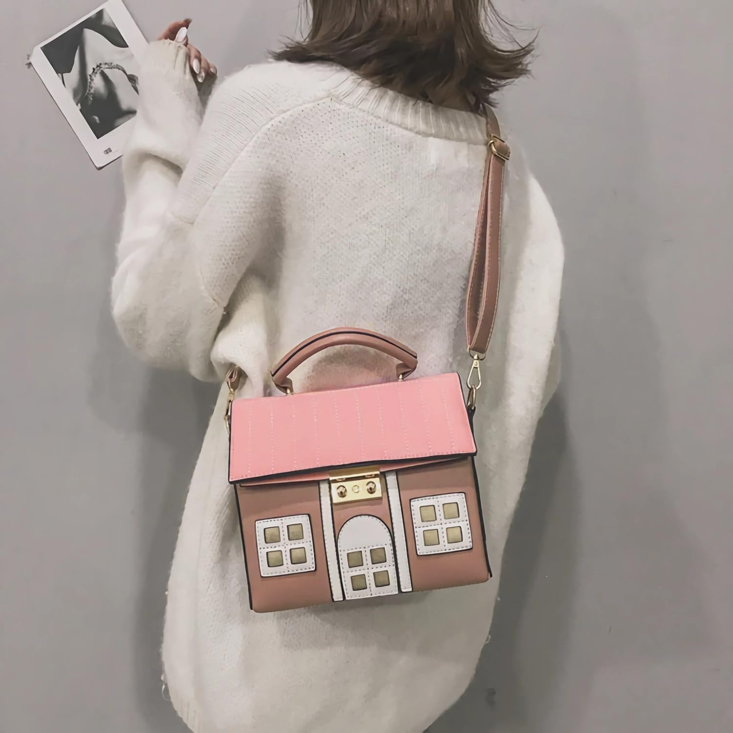 Pink House Shaped Faux Leather Crossbody Shoulder Bag
