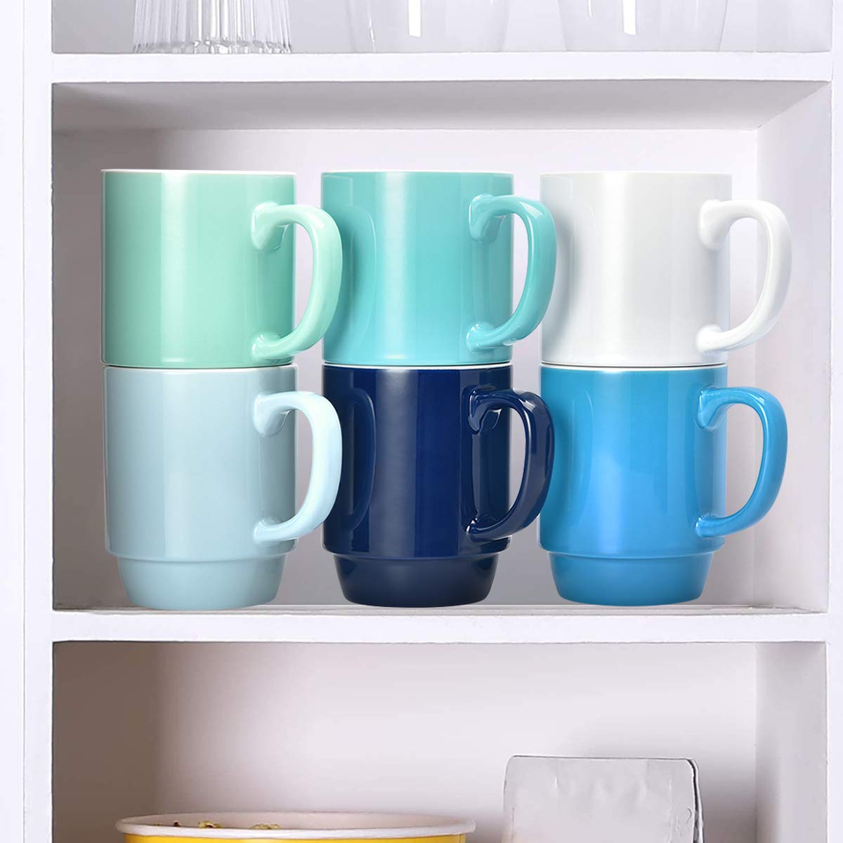 Kubki do kawy zestaw 6 sztuk, możliwość układania w stos, 470 ml, duże kubki do kawy z uchwytem, ceramiczne kubki do restauracji, zestaw 6 kubków do kawy, herbaty i kakao, zimne różne kolory