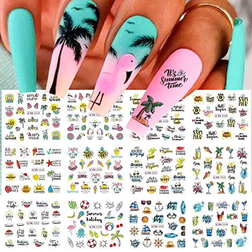 24 Sheets Seaside Beach Nail Art Stickers, Holographic Summer Nail Water Transfer Decals Design, Coconut Tree Fruits Cold Drink Nail Sticker Supplies For Women Manicure Decorations, Resin Nail Decal #TOP6