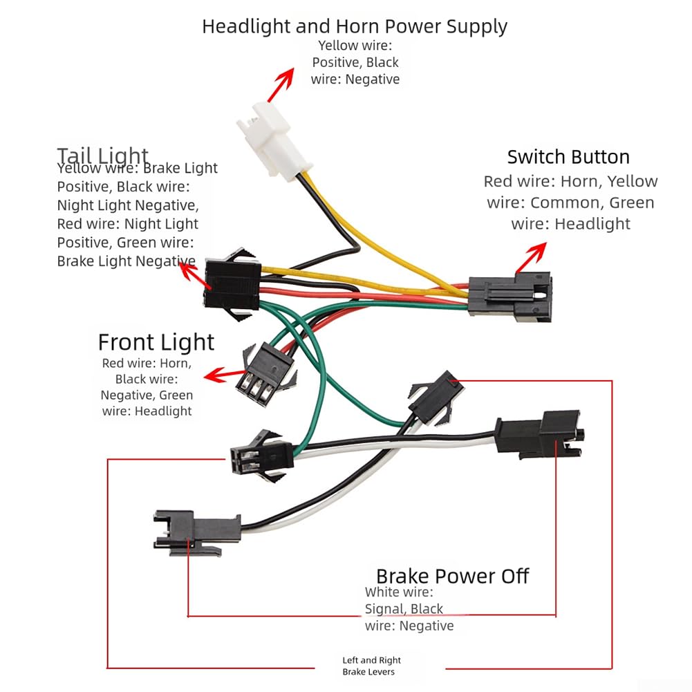 Kit di luci per bici elettrica da 24 V-48 V con interruttore a clacson, set di fari a LED impermeabili e fanale posteriore per bicicletta elettrica, cavo da 1500 mm, luci di sicurezza per guida