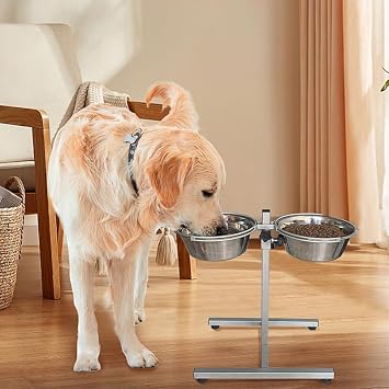 Raised Dog Bowl Adjustable Dog Bowls With Stand, Dog Feeding Station with Double Bowl, Elevated Dog Bowls for Large Dogs, Food and Water for Medium Large Dogs or Cat(Grey)