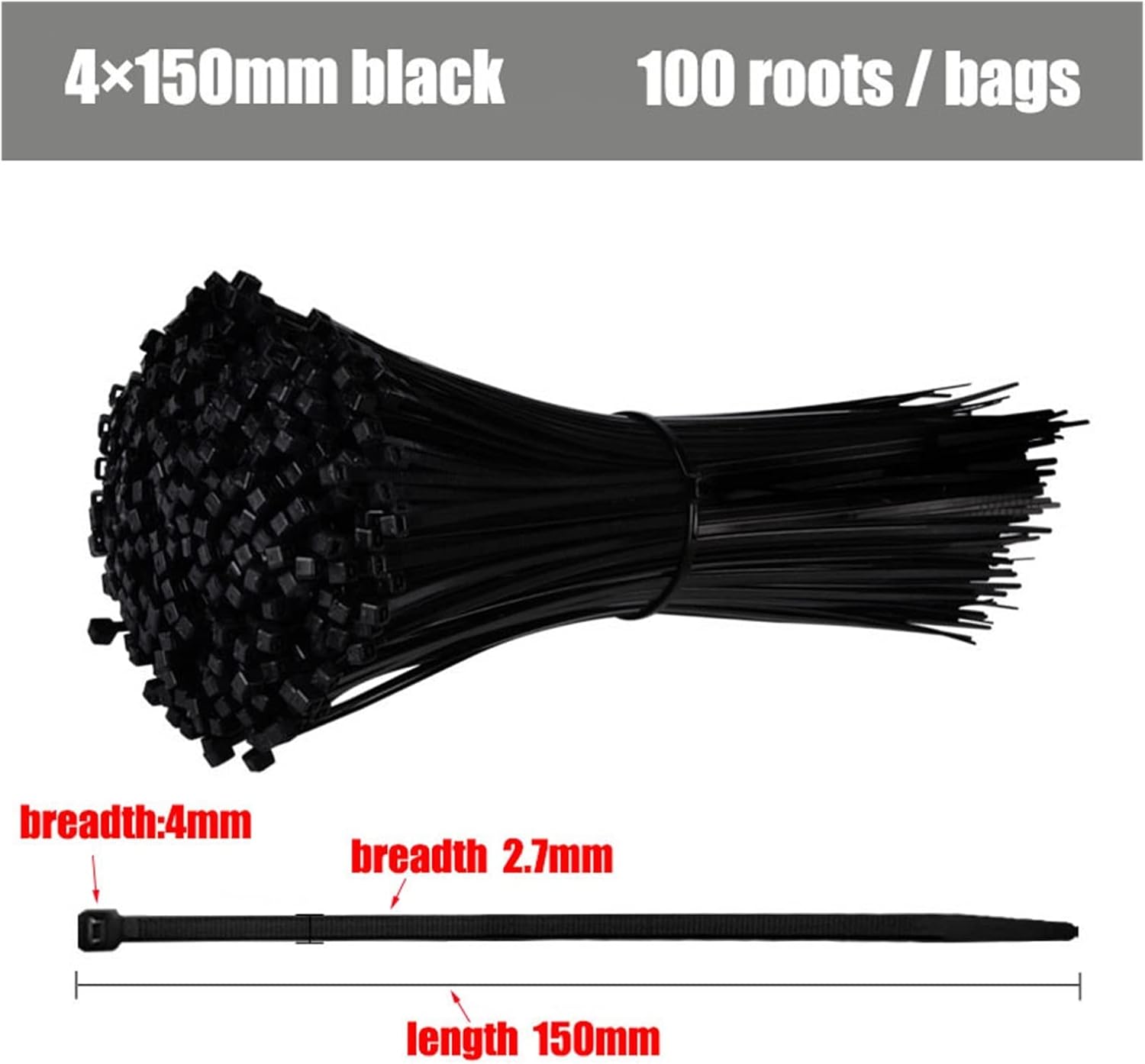 Zip ties cable ties,Self-Locking Plastic Nylon Tie 100 PCS Black Cable Tie Zip Wraps Strap Nylon Cable Tie Set (Color : Black, Size : 4x250mm) (Black 3x100mm)(4x150mm)