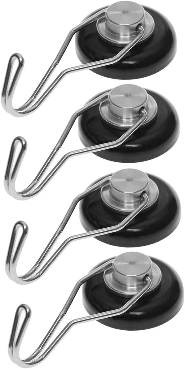 Mavoro Strong Magnetic Hooks for Hanging. Up to 65 lbs. Set of 4 Black Magnet Hooks Heavy Duty Magnets, Neodymium 52 Rare Earth Magnets. Rotating Swivel Style Magnet Hook for Refrigerator, Locker etc