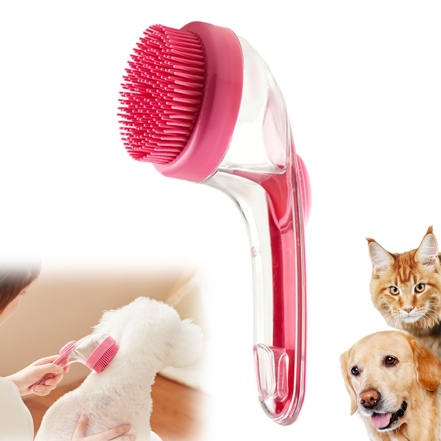 Dog Bath Brush, Soft Silicone Dog Shampoo Brush, Pet Shampoo Massage Dispenser, Grooming Shower Brush, Bubble Brush for Short Long-Haired Dogs and Cats (Red)