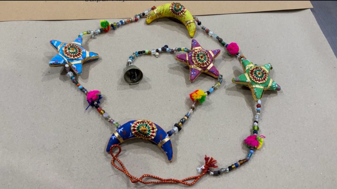 Handmade Indian Star & Moon Door Hanging – 120cm Long, Multicolor | Boho Home Decor For Doors, Walls, Windows | With Bells