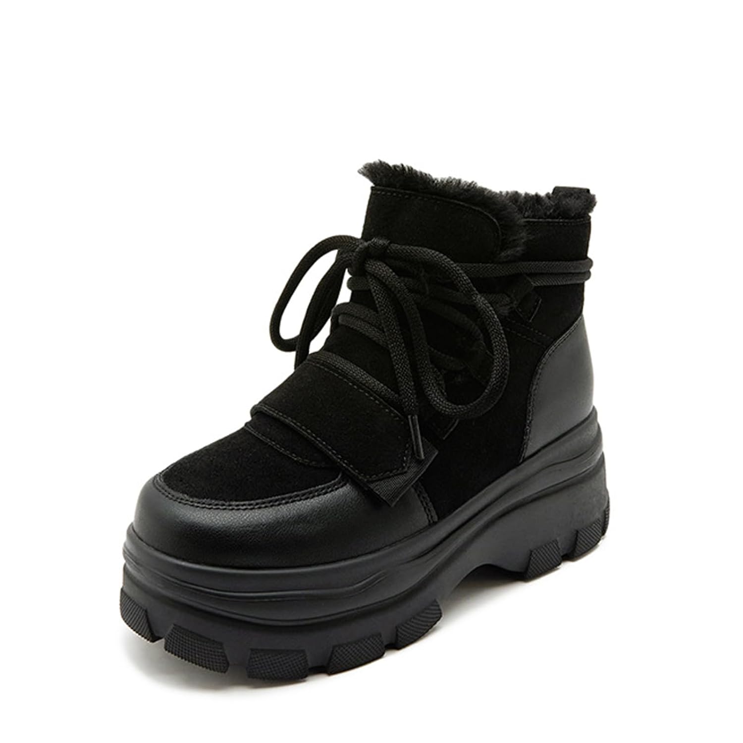 Womens Suede Chunky Platform Lace-Up Snow Boots Fashionable Round Toe Hook And Loop Decoration Non-Slip Warm Outdoor Walking