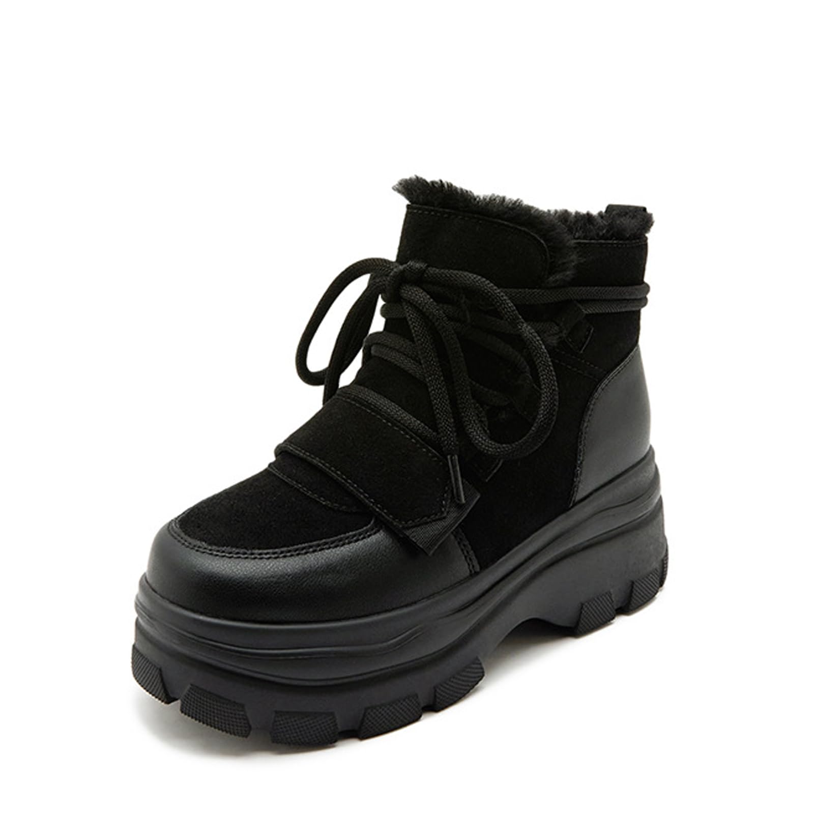Womens Suede Chunky Platform Lace-Up Snow Boots Fashionable Round Toe Hook And Loop Decoration Non-Slip Warm Outdoor Walking
