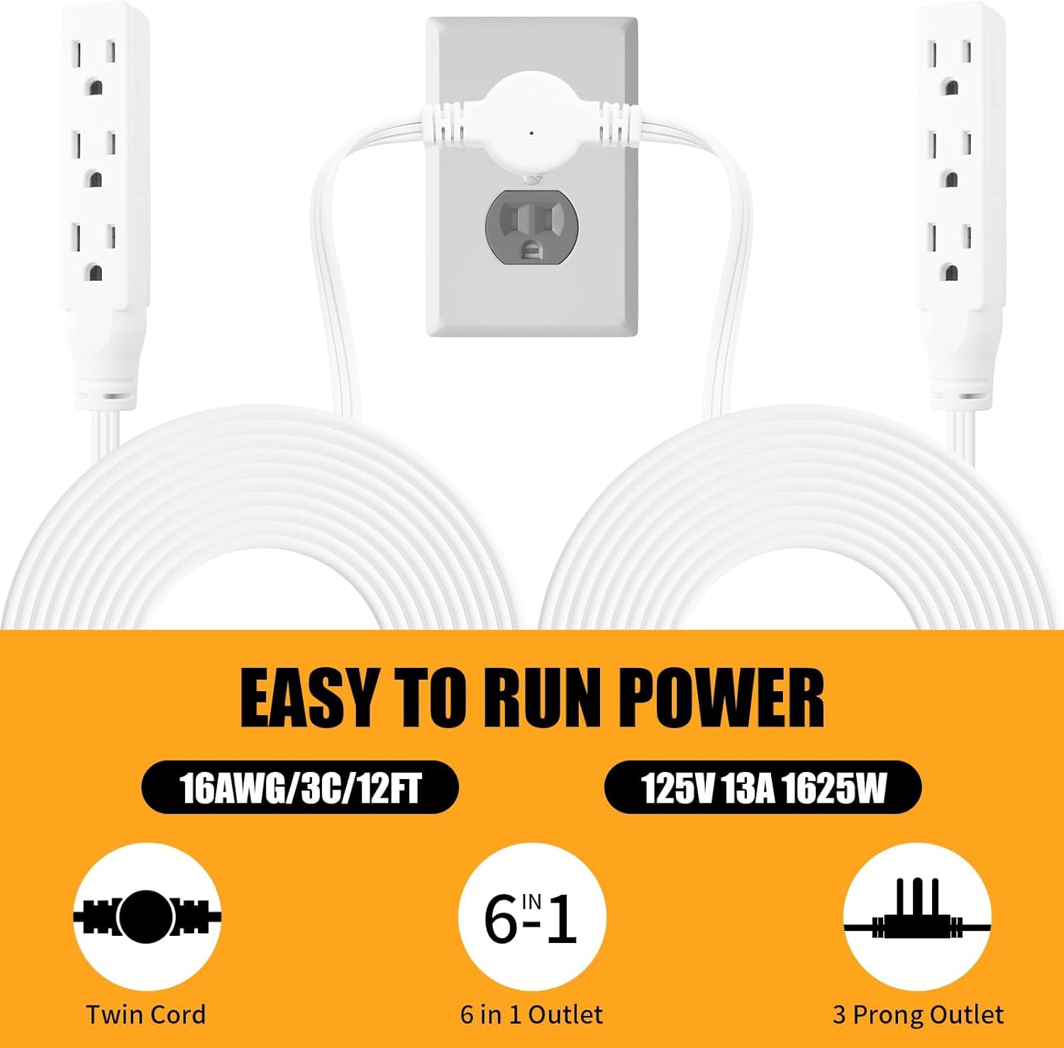 Split Extension Cord 12 ft, 3 Prong Flat Plug Power Strip with 6 Outlets, Twin Extension Cord, Double Power Strip for Behind Bed, Couch, Nightstand, Vanity, Furniture