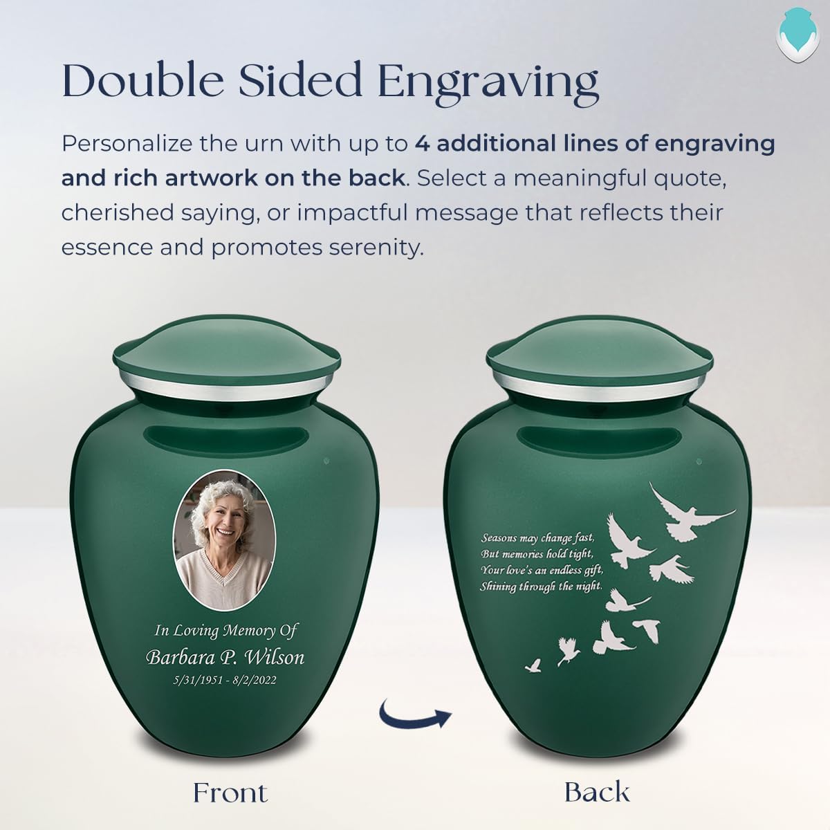 Geturns Embrace Adult Personalized Doves Cremation Urns for Human Ashes I Large Picture Green Funeral Urn for Adult Men and Women with Double Side Engraving I 200 lbs