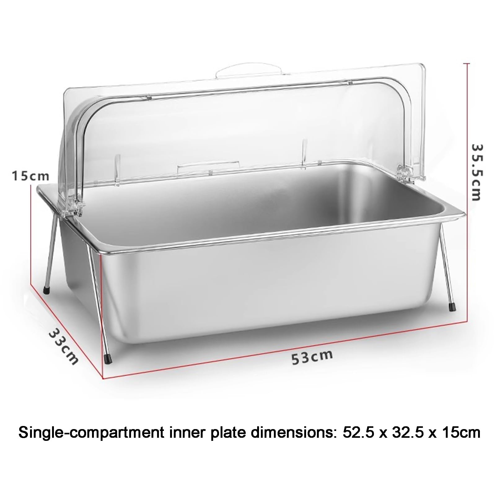 Bandeja expositora de alimentos de acero inoxidable con tapa enrollable transparente, dispensador de condimentos de buffet, bandeja para servir ensaladas (15 cm, 1 compartimento), perfecta para