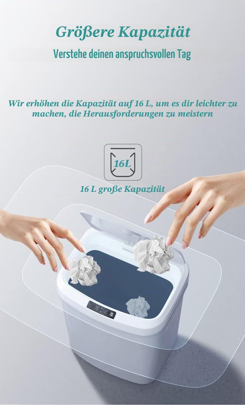 S.I.C Mülleimer mit Sensor,Automatischer Mülleimer,16L,mit Smart Öffnungs-Sensor und Geräuschloser Verschluss-Technologie, Ideal für Büro, Wohnung, Küche und Badezimmer(Weiß)
