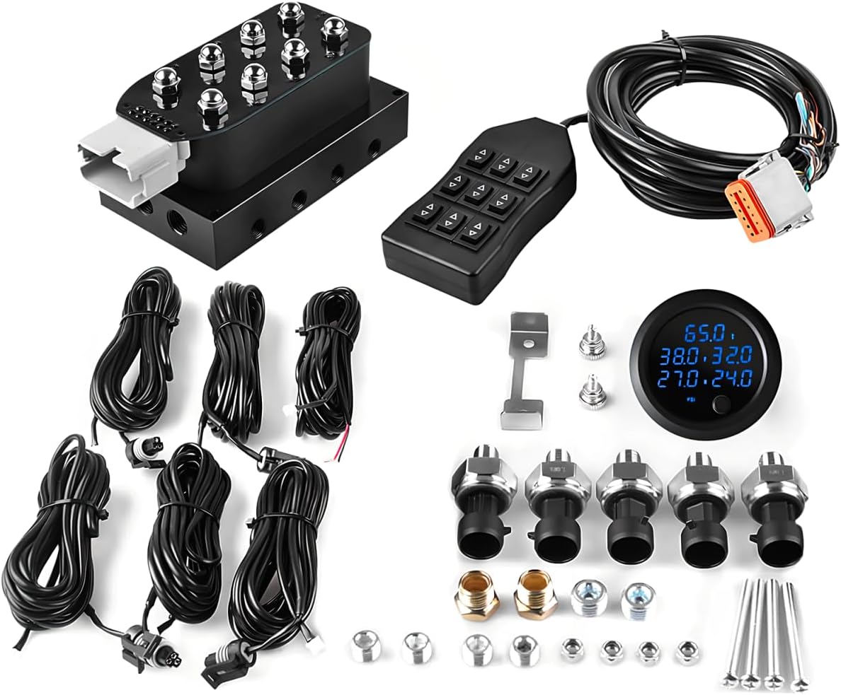 12V Solenoid Valve Air Ride Suspension manifold 8-Valve With 5M 9-switch Wired Remote Controller, equipped with five display air pressure gauge blue