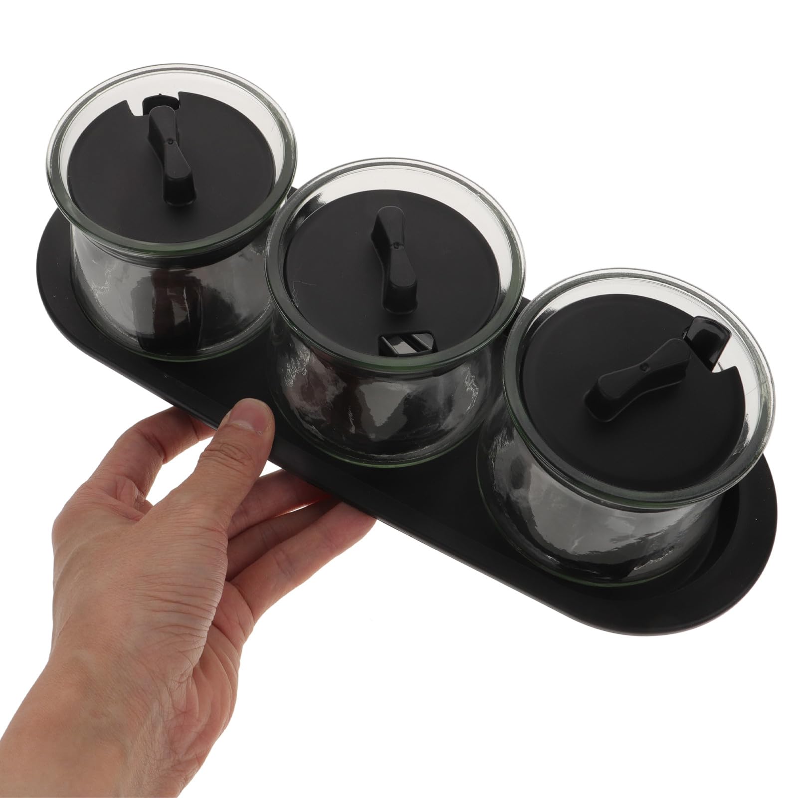 Happyyami Set 3 Barattoli per Condimenti in Vetro Soda con Coperchio, Cucchiai e Vassoio, Contenitori Trasparenti per Spezie da Cucina, Organizzazione Ordine e Uso Quotidiano