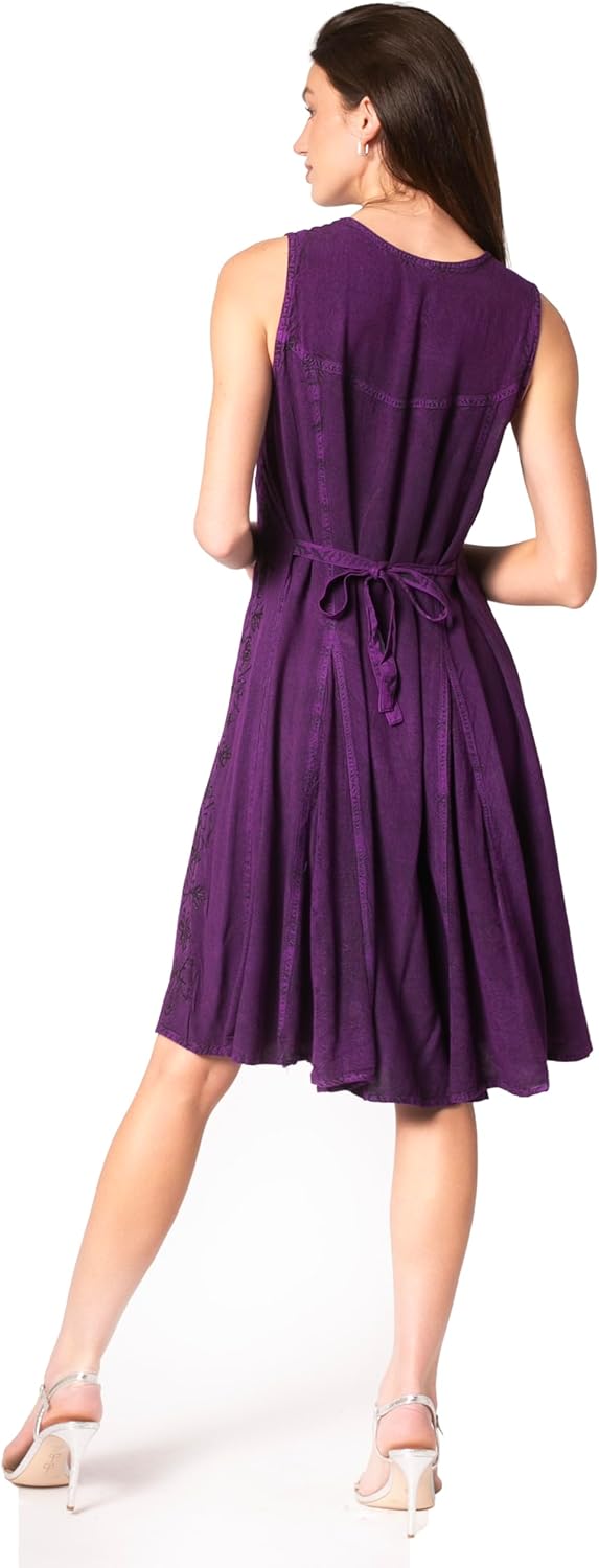 Sakkas Maya Women's Floral Embroidered Midi Sleeveless Button Up Rayon Dress