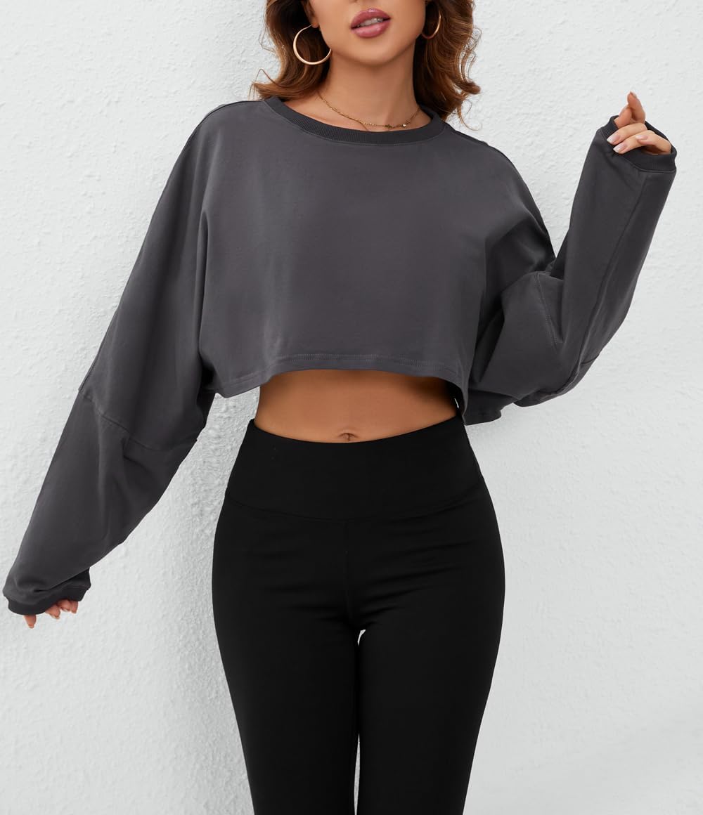 Meladyan Women Long Sleeve Crewneck Crop Top Tee Shirt Sweatshirt Casual Solid Loose Fit Workout Cropped Pullover Tshirt - Image 5