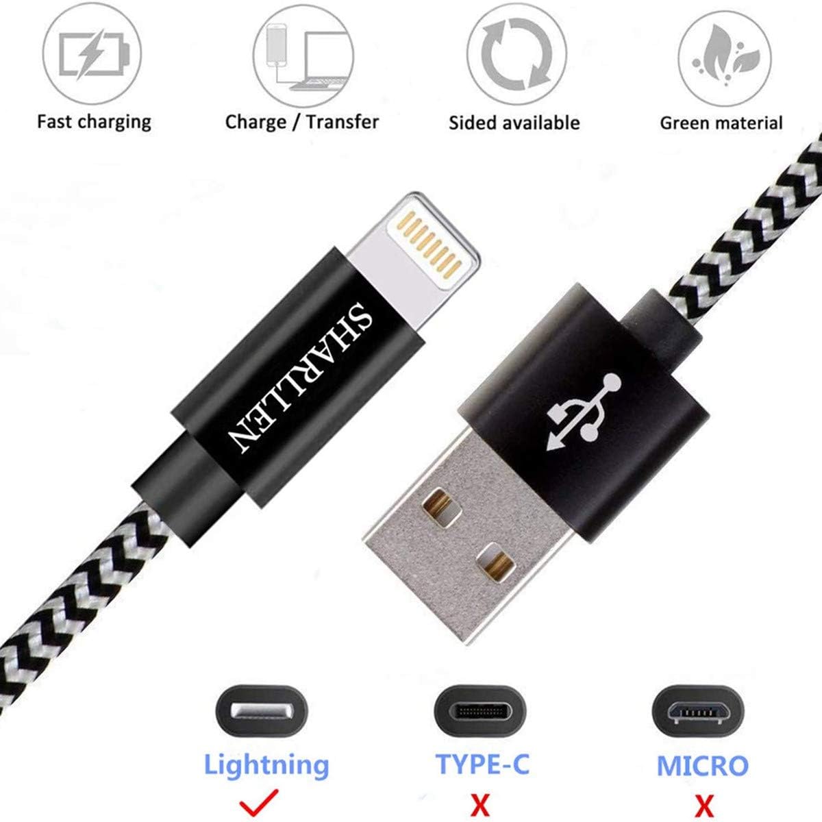 iPhone Cable Lightning Charger 5Pack 10FT MFi Certified iPhone Charging Cord Nylon Braided Extra Long Wire 10 Feet Fast USB Data Line Compatible iPhone 12/11 Pro/XS/Max/X/8+/7/iPad/iPod Black Sharllen