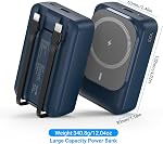 Banque d'énergie sans fil magnétique 26800mAh, PD 22.5W Chargeur portable de charge rapide de type C 5 Sorties, Batterie Pack pour Magsafe Construit en Câbles avec Stand LED Affichage pour iPhone 17/16/15/14/13/12-Blue