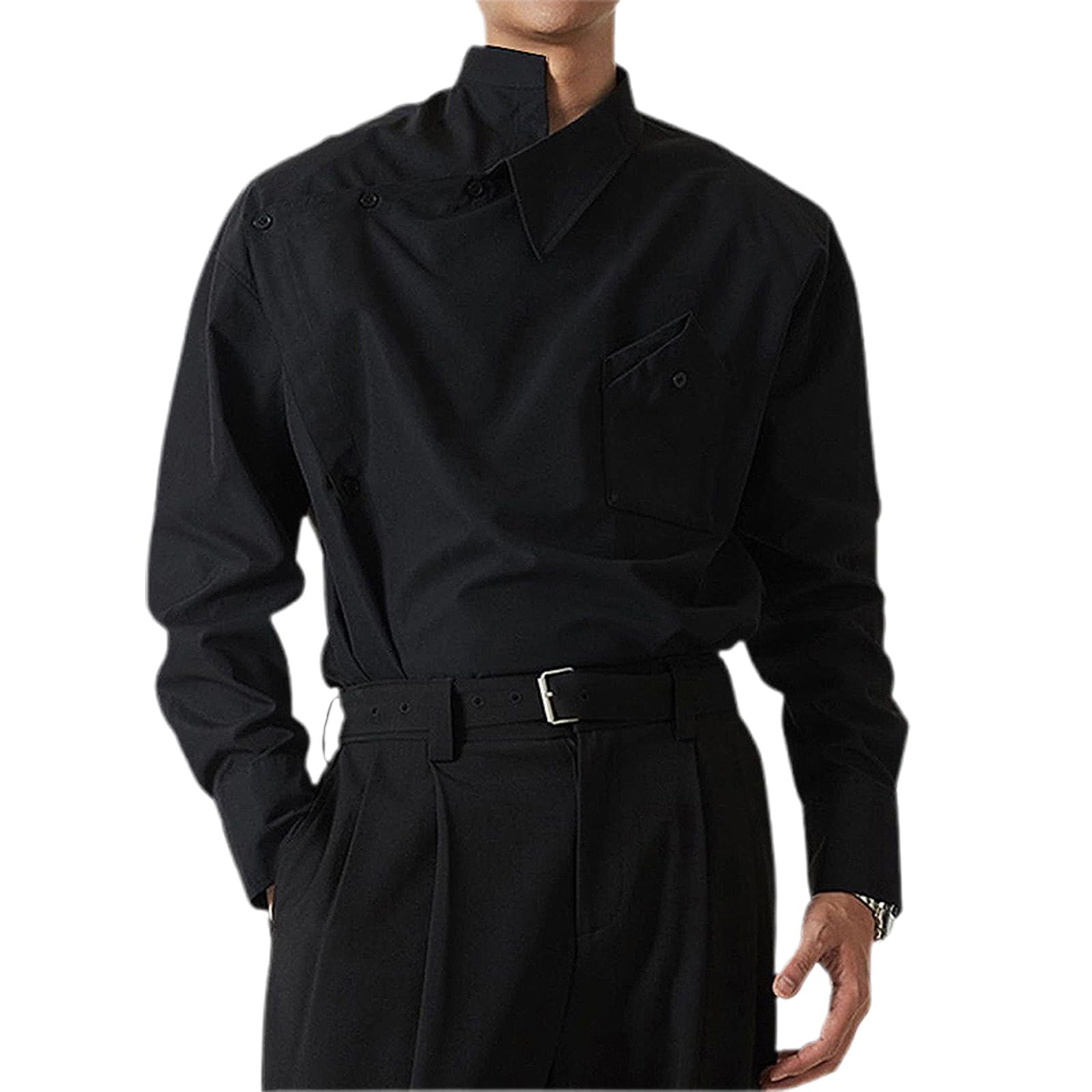 Mens Irregular Stand Collar Shirt Solid Color Long Sleeve Loose Fit Top Button Up Dress Shirts Casual Streetwear