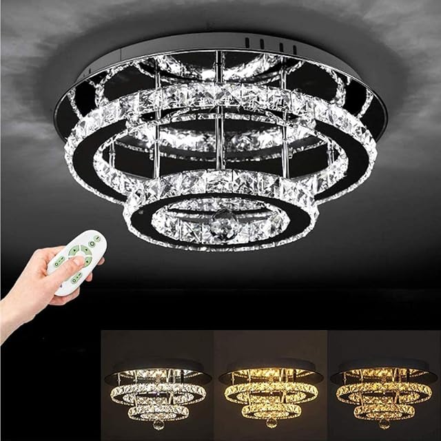GHY Modern K9 Crystal Raindrop Chandelier with Remote Control Lighting Flush Mount LED Ceiling Light Fixture Pendant Lamp for Dining Room Bathroom Bedroom Livingroom Bulbs Required L30CM/30W White