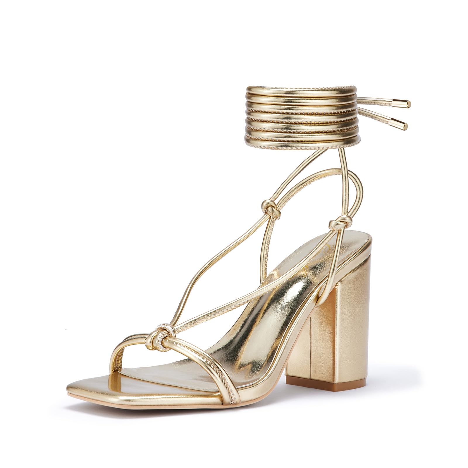 GENSHUO Square Toe Sandals Women Lace up Chunky High Heels Strappy Sandals Block Heeled Ankle Wrap Homecoming Wedding Dress Shoes Gold Size 9.5