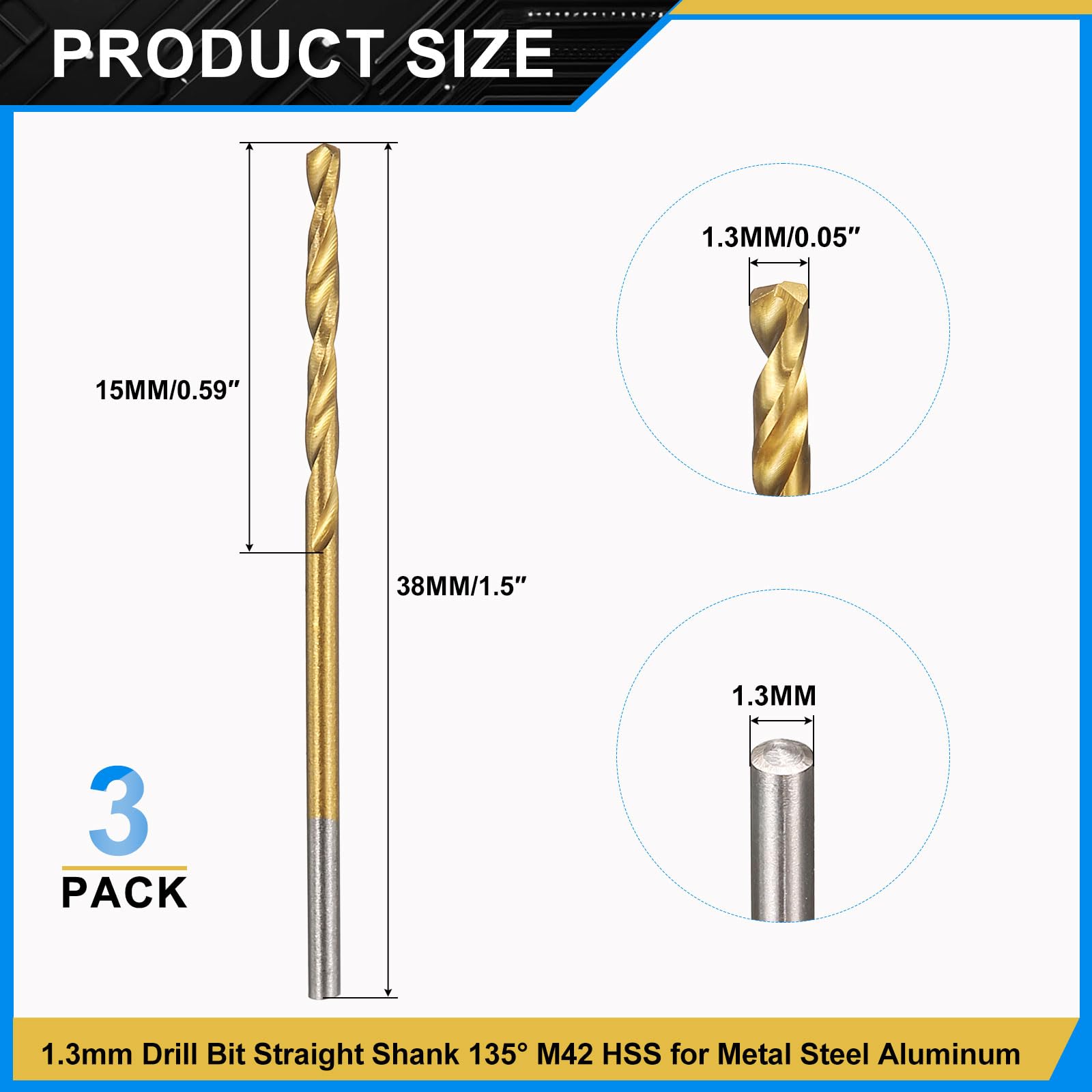 PATIKIL 1.3mm Drill Bit, M42 8% Cobalt High-Speed Steel Jobber Straight Shank 135 Titanium Nitride (TiN) Coated for Hard Metal Stainless Steel - 3 Pack - Image 2