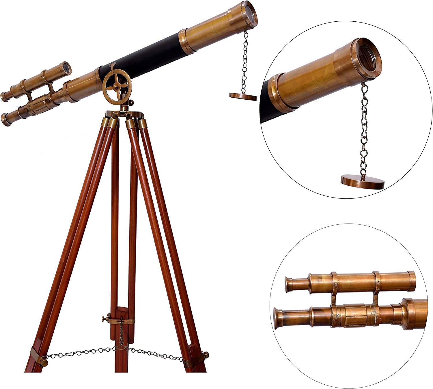 Maritime Antique Double Barrel Black Leather Telescope Antique Finish with Brown Wooden Tripod Brass Floor Standing Telescope with Free Watch Leather Box