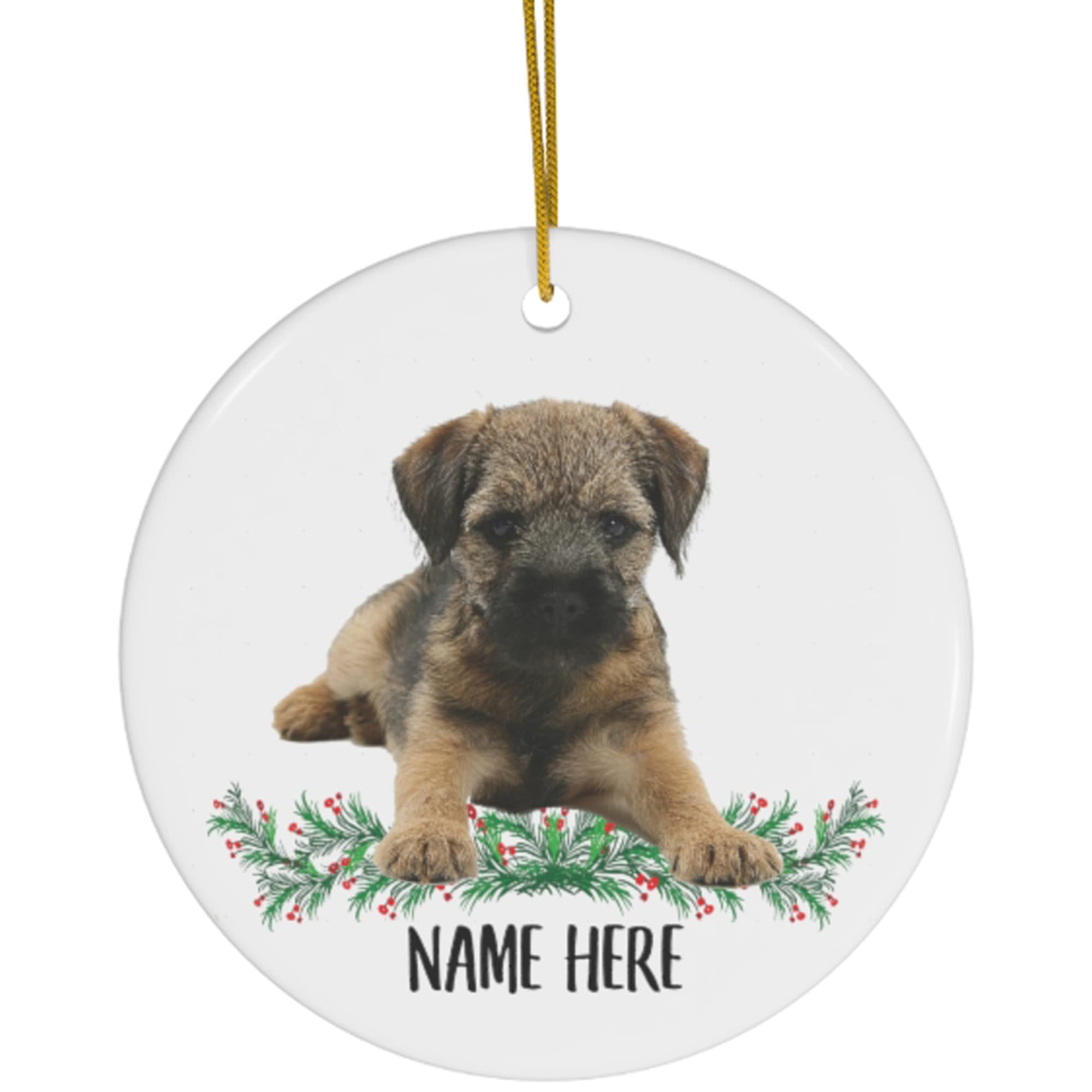 Light/Gold Christmas Tree Decoration - Funny Personalized Name Border Terrier Sable Round Ceramic Pendant Keepsake Bauble - 7.3 Cm Novelty Xmas Ornament For Party Home Decor