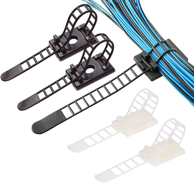 SDFAA 60 Pieces Adjustable Cable Zip Ties, Cable Tie Wire Clamps, Self Adhesive Cable Clamps, Reusable Cable Clips, Nylon Adjustable Self-Adhesive Cable Clips, for Office and Home (Black + White)