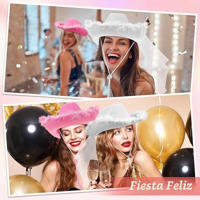 12 sombreros de vaquero y velo para despedida de soltera, sombrero de vaquera para boda, decoración de fiesta de novia, regalo de novia, novedad country-western (blanco, rosa)
