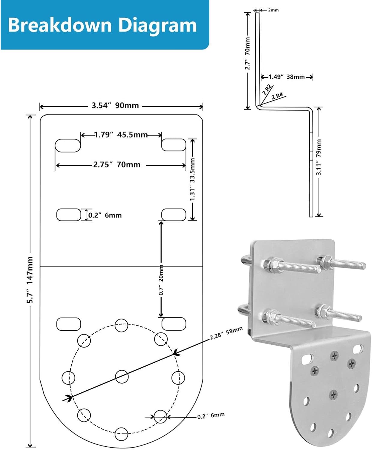 Heavy Duty Universal Adjustable Antenna Mount Pole, Antenna Pole Installation Kit with U Screws, Weatherproof Mast Pole Bracket for V2 Rectangular Dish