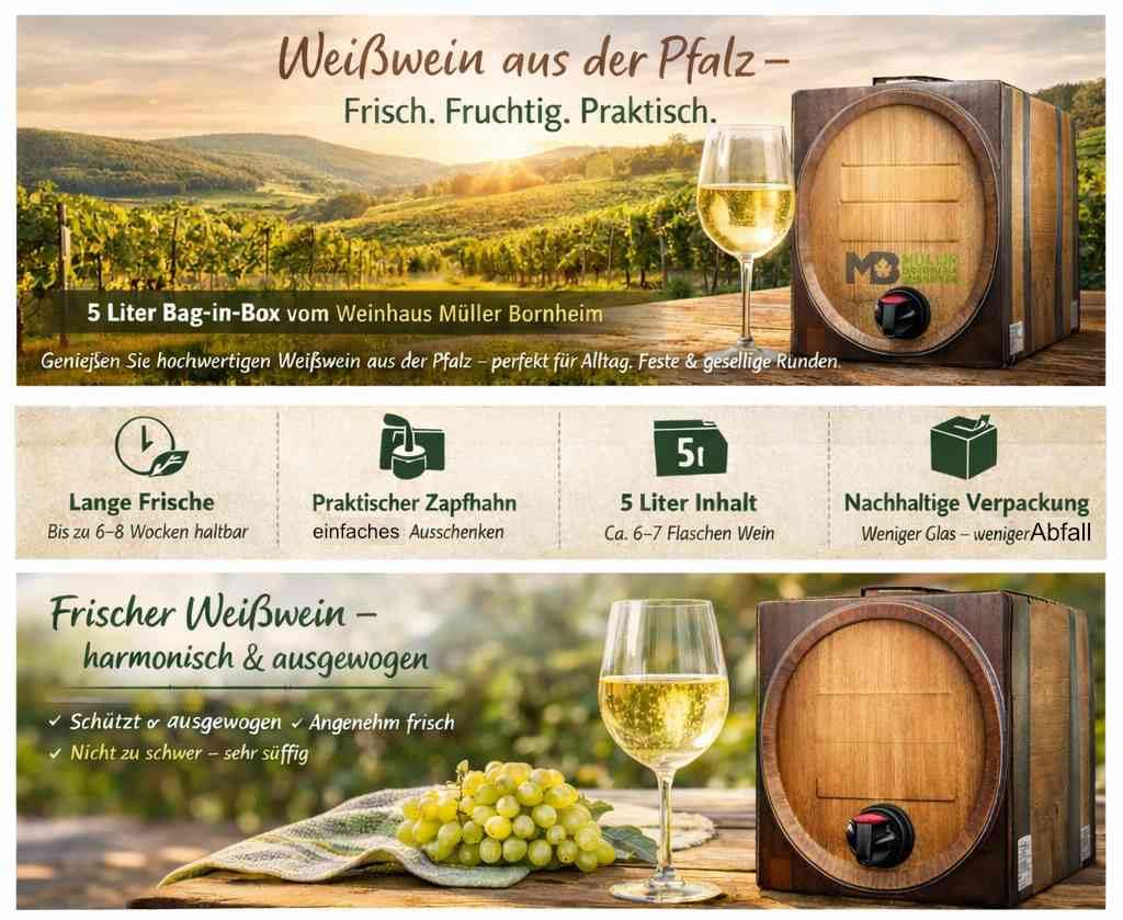 Weinhaus Müller Bornheim Weißburgunder halbtrocken 5L Bag in Box Pfalz | Zapfhahn für sauberes Portionieren – wochenlang frisch, bruchsicher, CO₂-sparende Verpackung