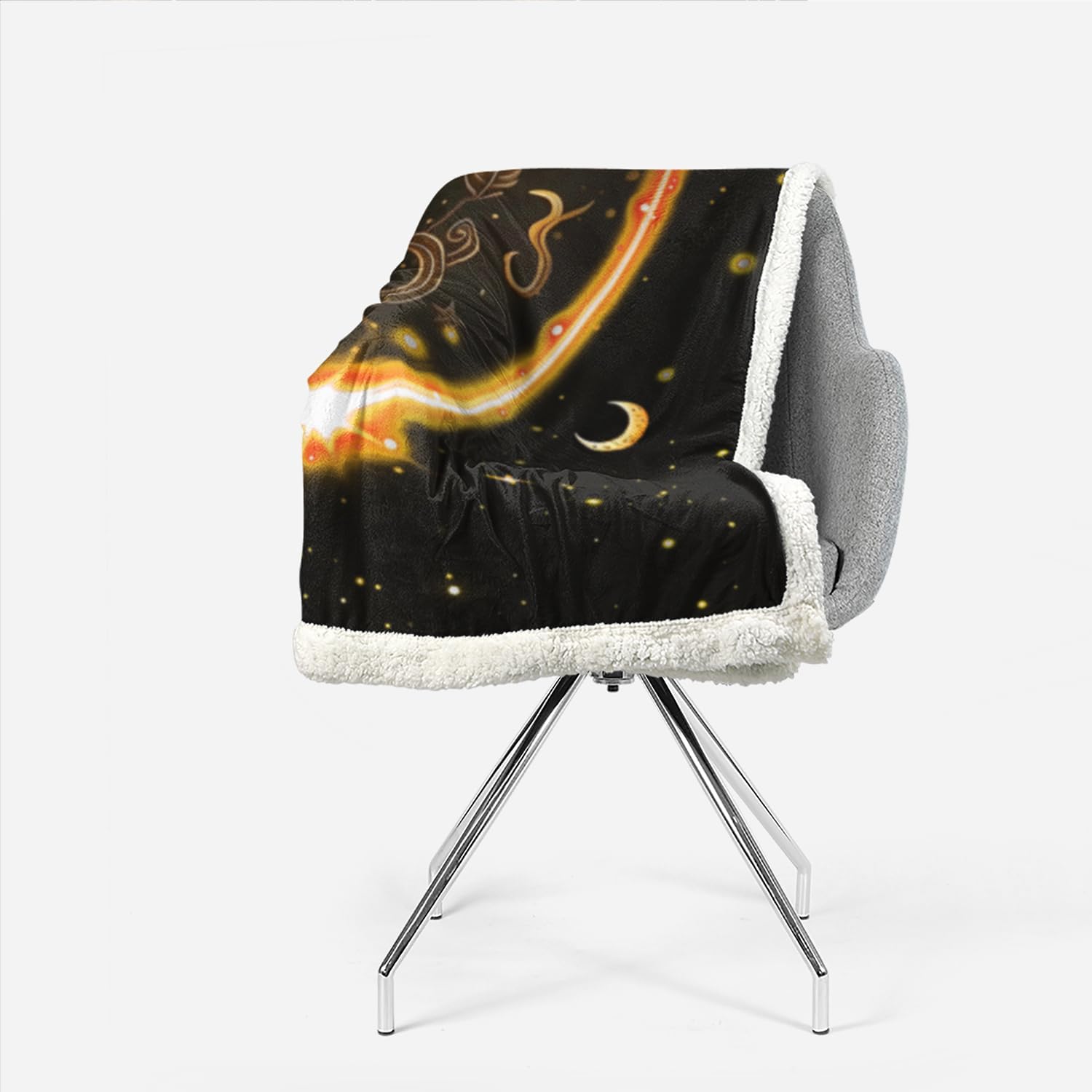 AILONEN Bohemian Sun and Moon Sherpa Fleece Throw Blanket,Fleece Blanket with Star and Moon Accents,Bohemian Design Blanket,Soft Lightweight Decor for Sofa, 70 x 55 Inches