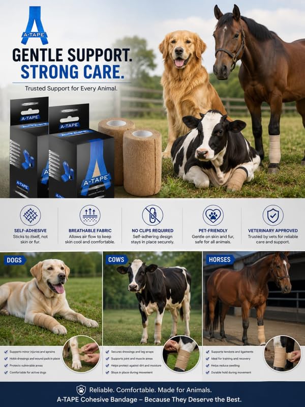 Image of A-Tape Breathable Self Adhesive Cohesive Bandage for Humans & Pets (Dogs, Cats, Birds) -Sports, Wrap, Athletic, Non Woven First Aid Medical, Wrist, Swelling (10 cm X 4.5 mtr) (Pack Of 6, Beige)