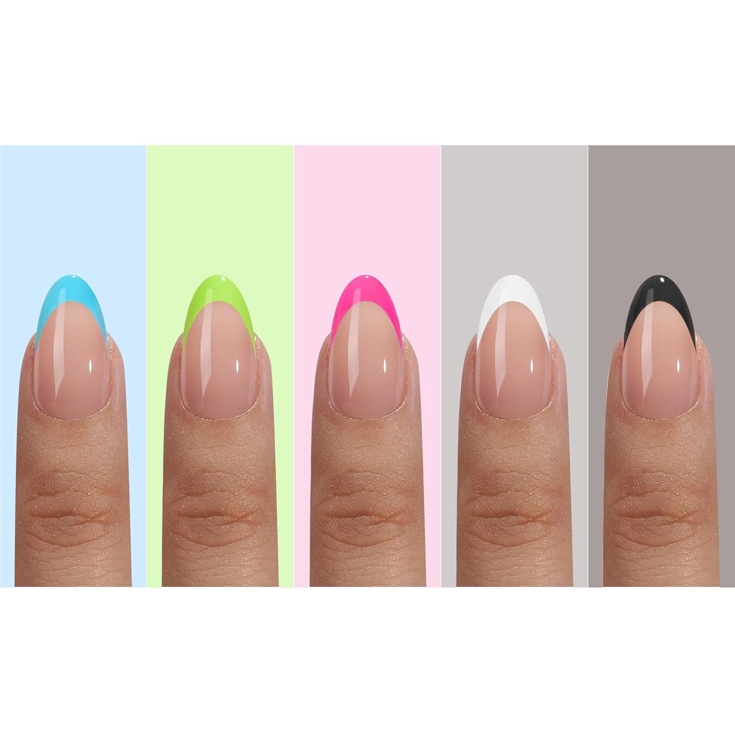 150pcs Colored Almond Press on Nails for Women, Dsixnails 5 Styles Brighter Soft French Tip Press on Nails, Short Gel Nail Tips, Acrylic Pre-French Gel Nail Tips, Fake Nails for Nail Art DIY