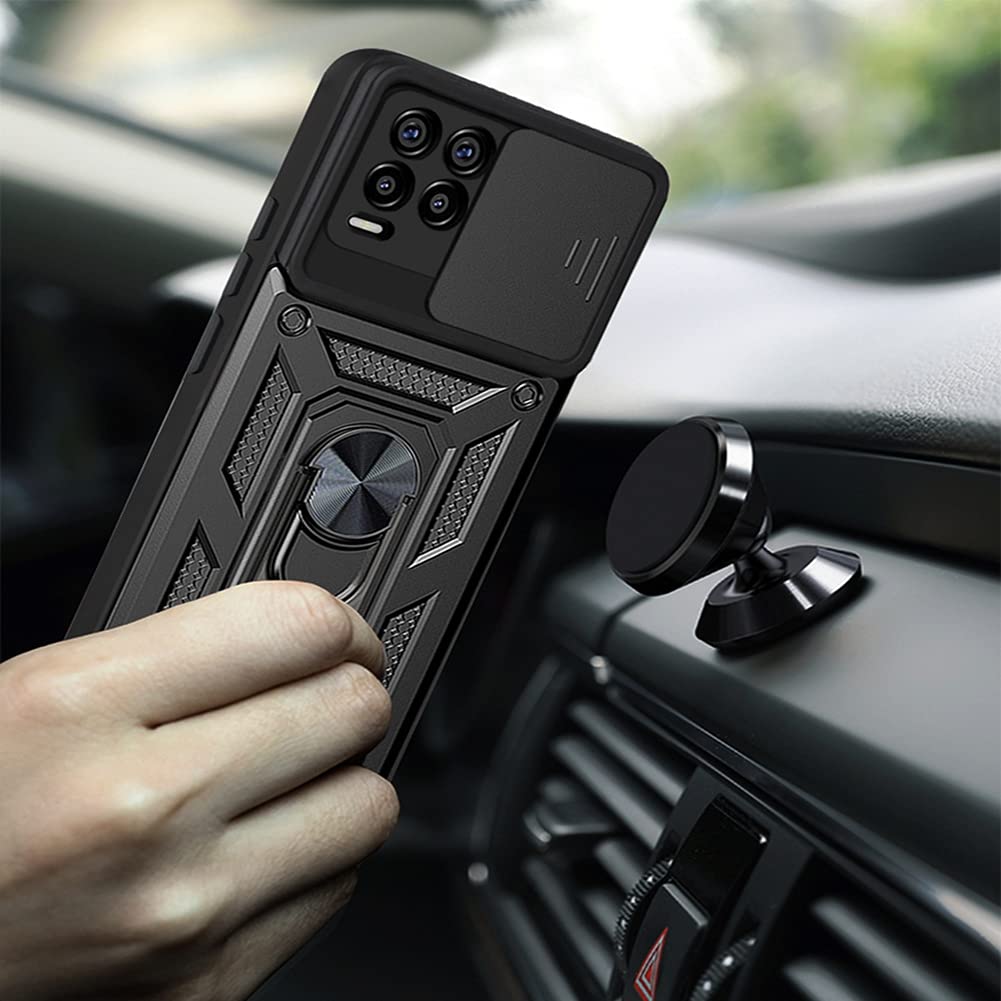 HAOYE Cover Per Realme 8 5G / Narzo 30 5G, Custodia Con Anello Girevole E Protezione Scorrevole Fotocamera, TPU+PC, Magnetico Per Auto, Nero