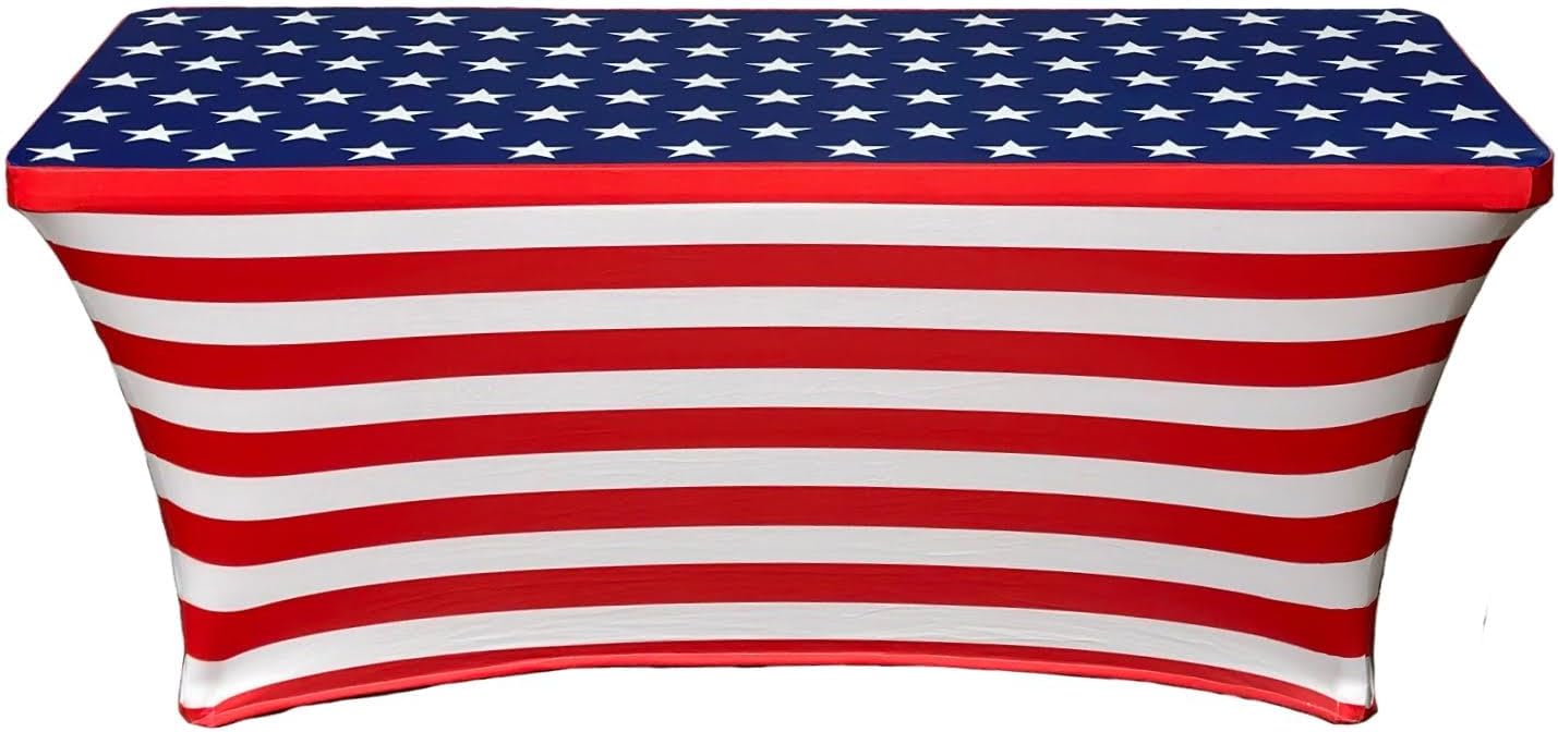 HandinHandCreations Spandex 6FT Tablecloth - Washable, Fitted Rectangular Table Cover 4th of July, Memorial Day, Birthday, Christmas Theme One Pack (2, Red White Blue, 72x30 inches)