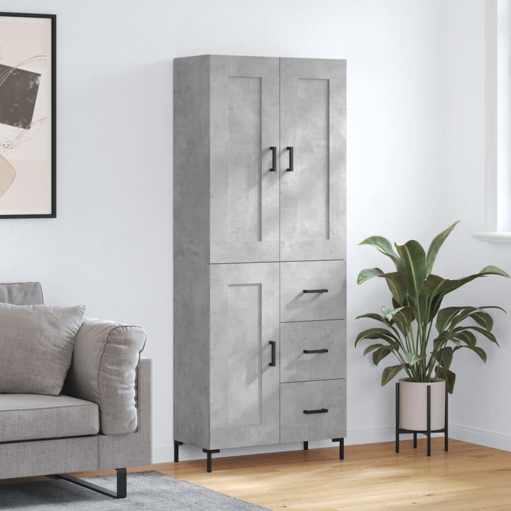Armadietto alto grigio cemento, 69,5 x 34 x 180 cm, in legno con piedini in metallo, per soggiorno, corridoio, sala da pranzo e molto altro ancora, armadio durevole con molto spazio, pratiche