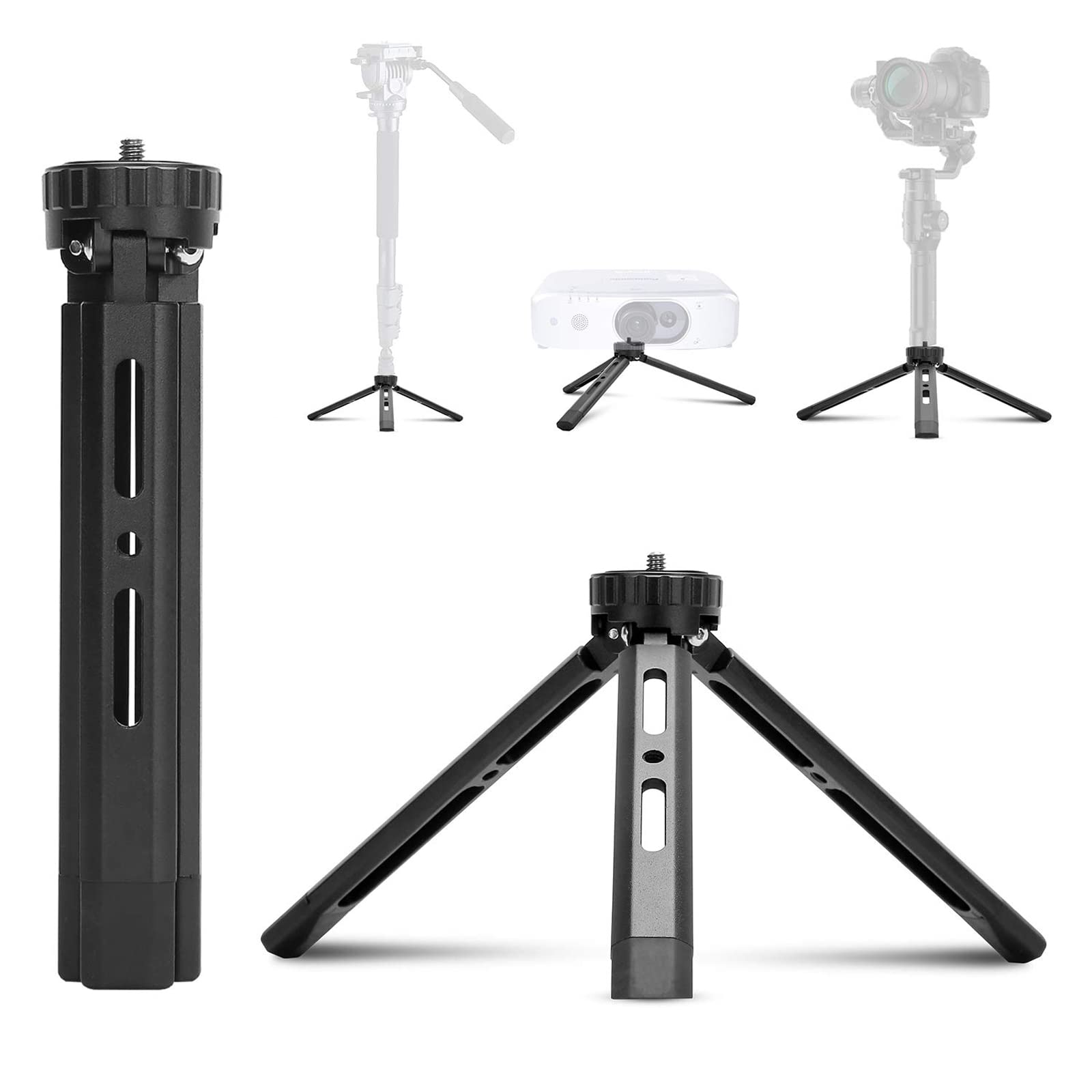 Metal Mini Tripod, Aluminum Desktop Tabletop Flexible Stand Compact Tripod with Adjustable Length and Non-slip Rubber Pads for Smooth Q/4, Crane Plus/2, Osmo Mobile, Ronin-s, Vimble 2