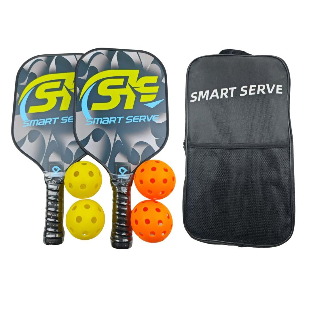 Smart Serve Pickleball Paddles Set of 2 Carbon Fiber - High Spin, Control & Power - Durable & Lightweight Pickleball Rackets for Adults - Indoor & Outdoor Pickleball Set Including Bag & 4 Balls