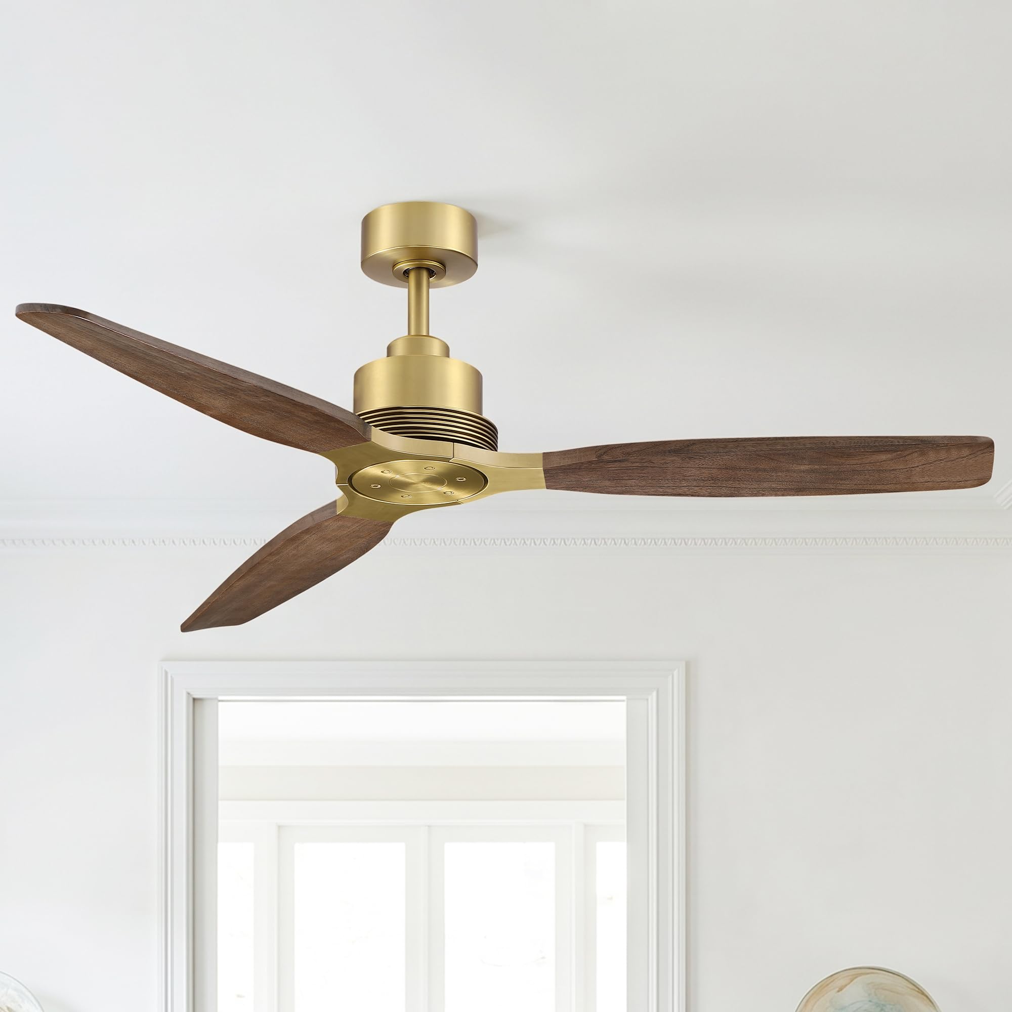 56 Inch Brass Gold Ceiling Fan No Light &amp; Remote, 3 Wood Blades